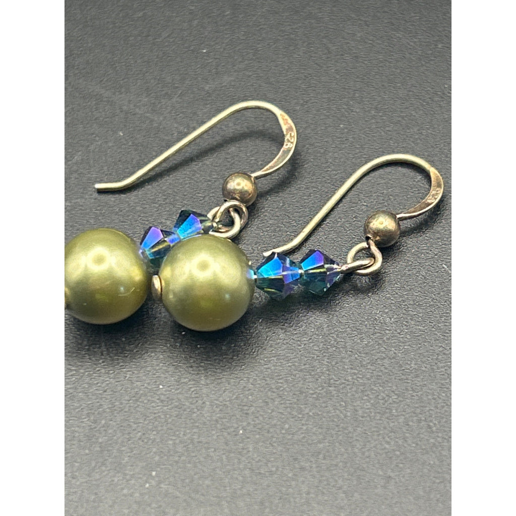 Handmade Olive Green Faux Pearl AB Crystal Bead Drop Dangle Earrings