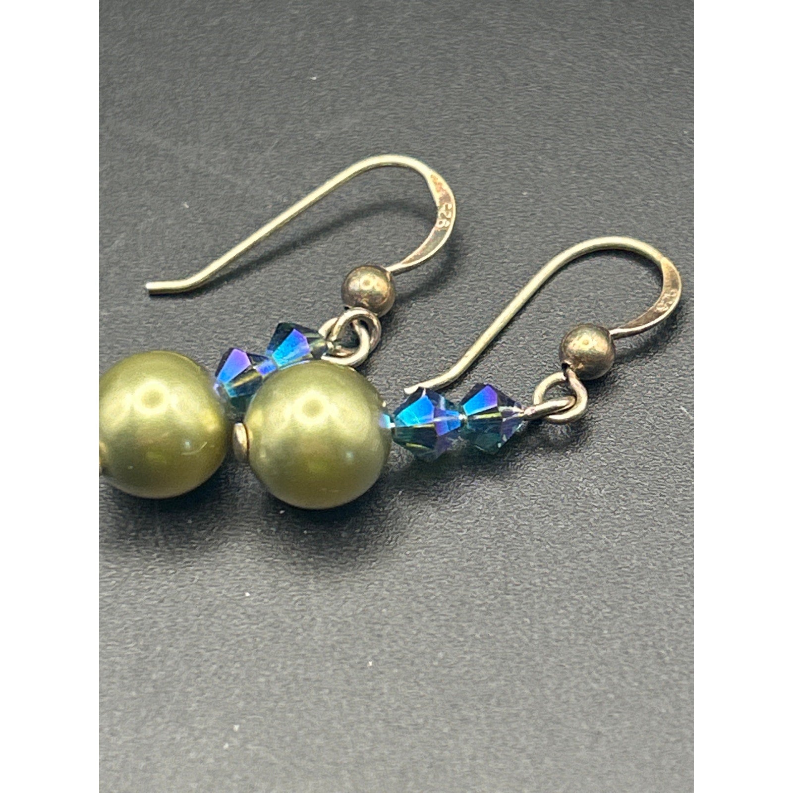 Handmade Olive Green Faux Pearl AB Crystal Bead Drop Dangle Earrings