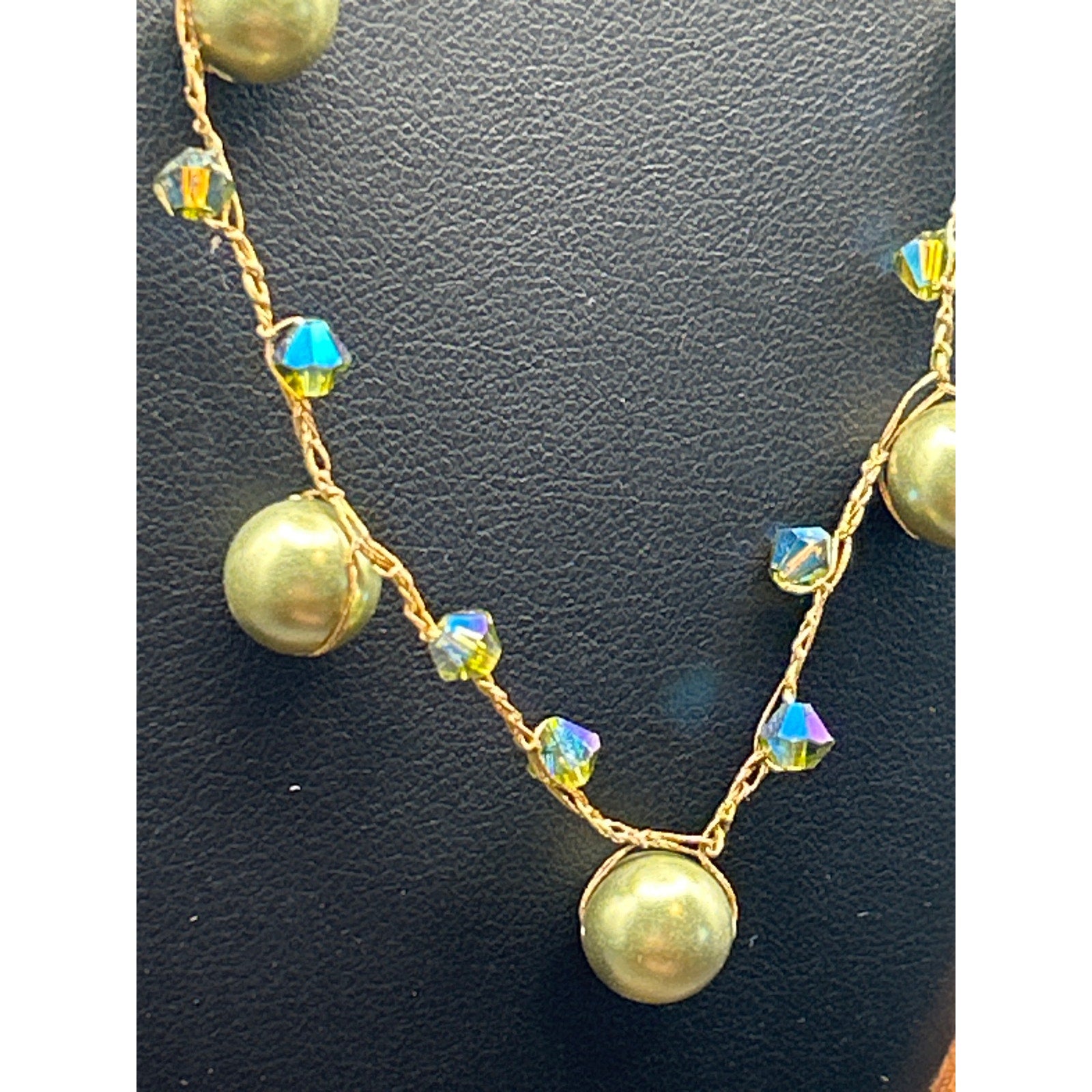 Handmade AB Crystal Gold Tone Station Necklace Wire Wrapped Beads
