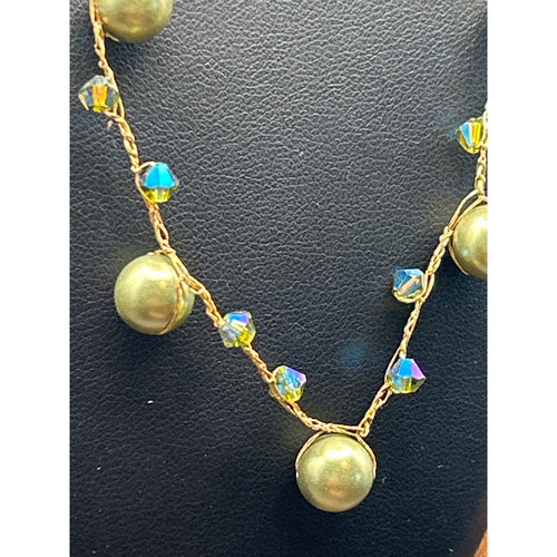 Handmade AB Crystal Gold Tone Station Necklace Wire Wrapped Beads