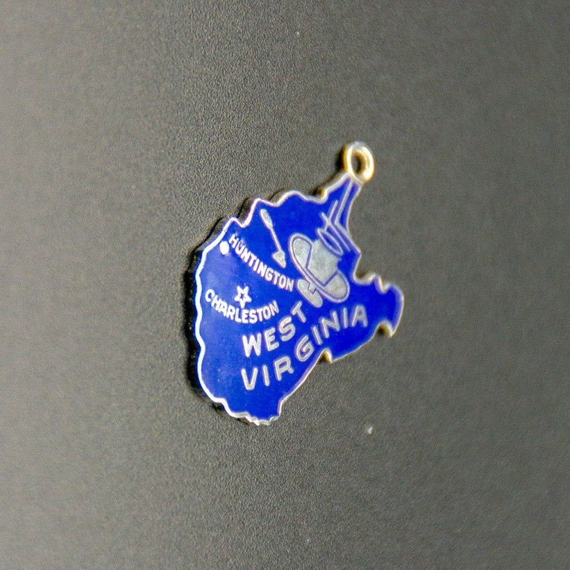 Vtg West Virginia Enamel Sterling Silver Map Charm Mountain State Blue Travel