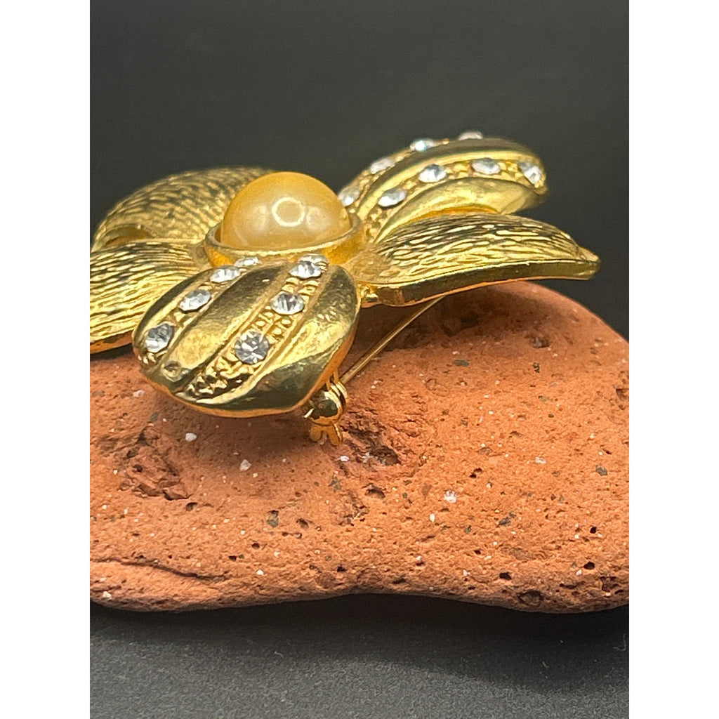Vintage 80s Gold Tone Flower Brooch Faux Pearl Rhinestone Floral Pin 2.5 x 2.5"