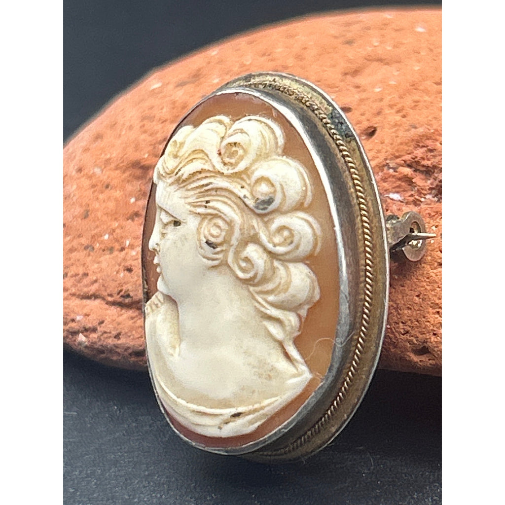 Antique Greek Style Shell Cameo Brooch and Pendant in 800 Silver - 1" x 0.75"