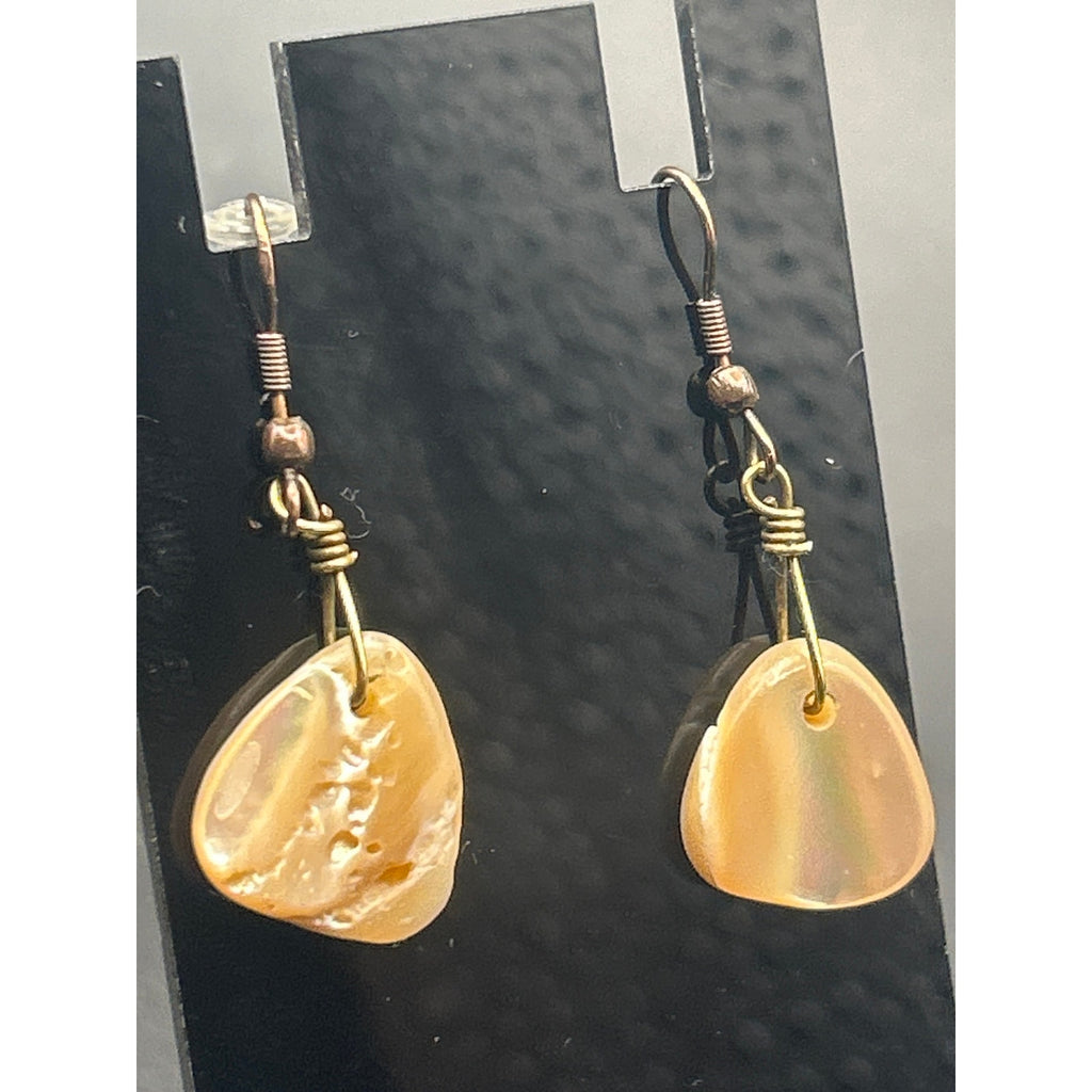 Vintage Gold Tone Mother of Pearl Shell Teardrop Dangle Earrings