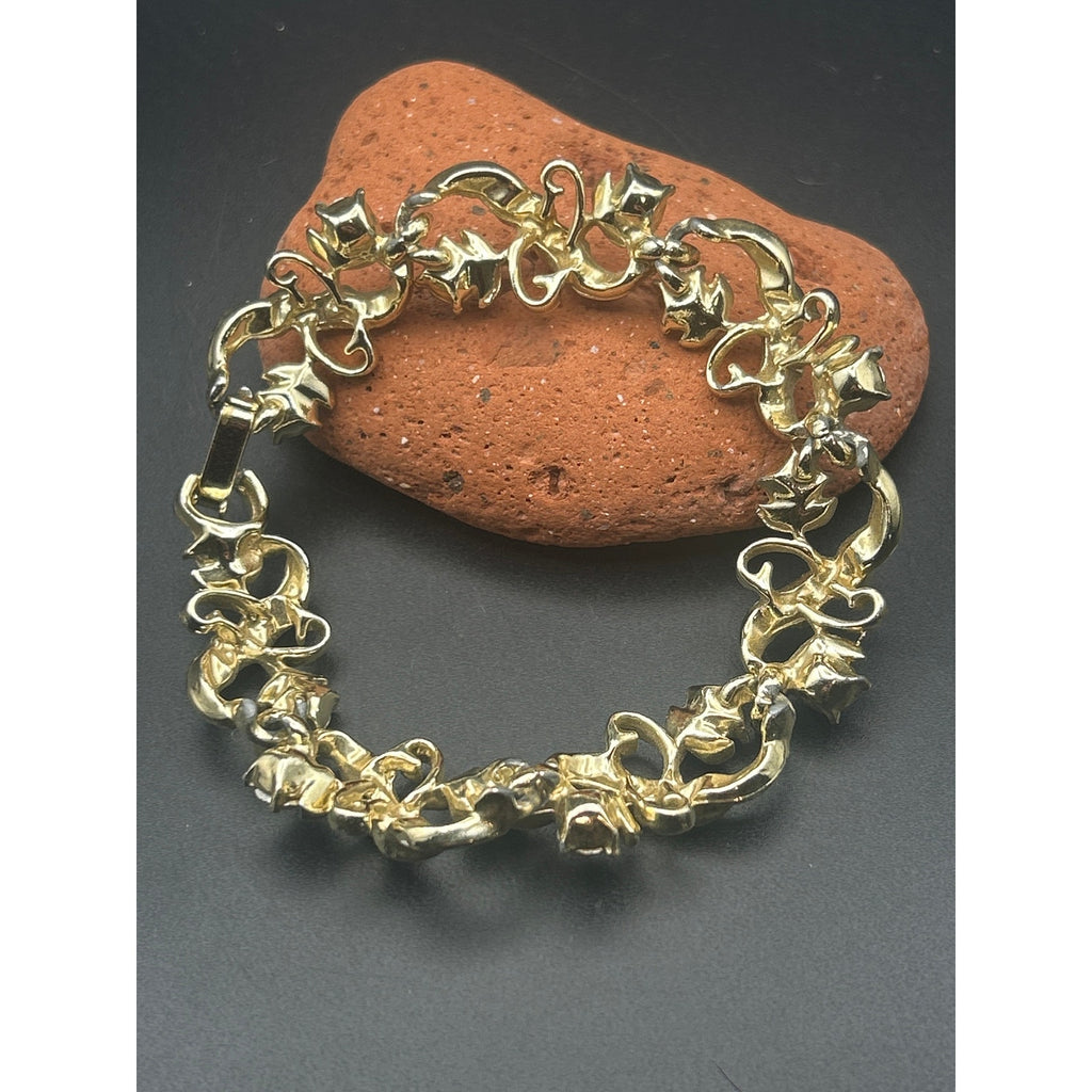 Vintage Gold Tone AB Crystal Bracelet | Retro Chunky Cream Enamel Swirl