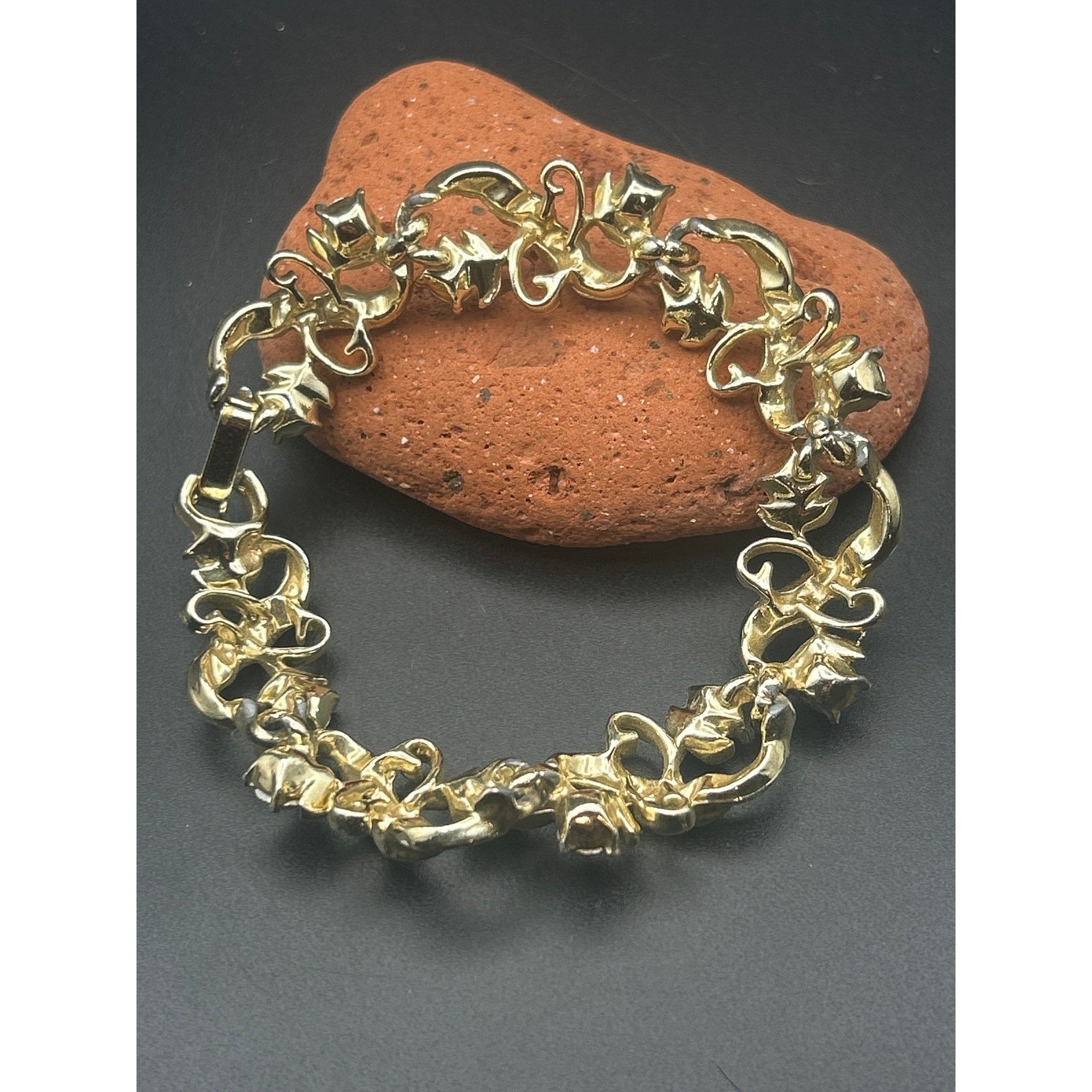 Vintage Gold Tone AB Crystal Bracelet | Retro Chunky Cream Enamel Swirl