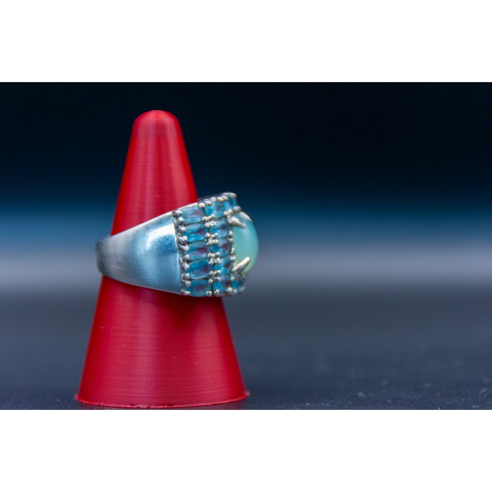 Vintage Green Chalcedony Blue Topaz Sterling Silver Ring - Size 6