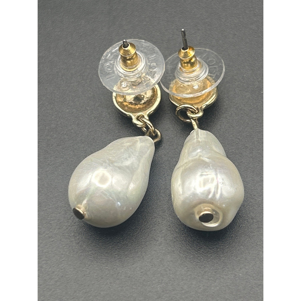 Vintage Gold Tone Baroque River Pearl Drop Earrings Pierced Dangles