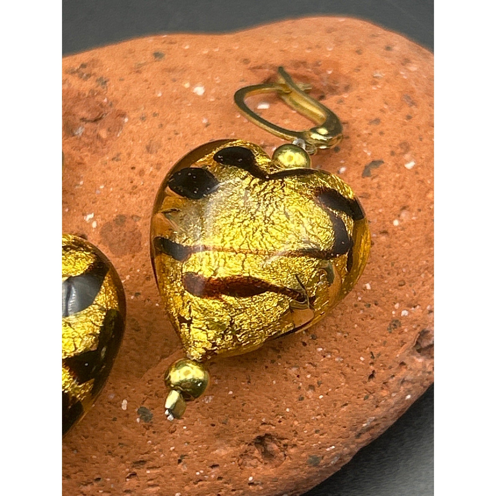 Handmade Glass Animal Print Heart Dangle Earrings Gold Tone Drop