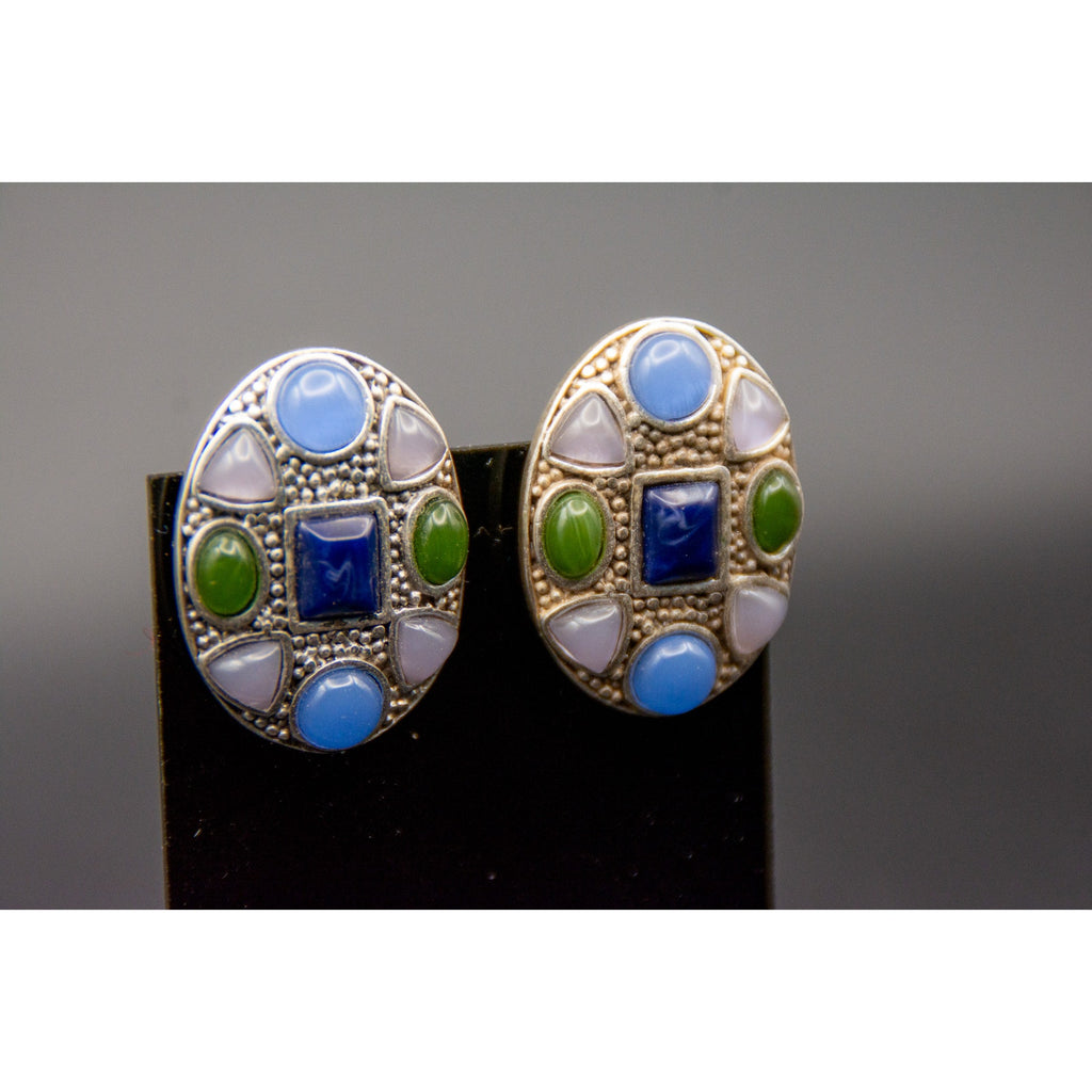 Vintage Chicos Mosaic Clip-On Earrings Faux Lapis Blue Green Glass 90s
