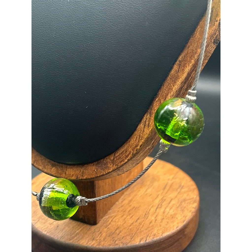 Handmade Green Swirl Glass Marble Pendant Necklace | 30" Long Steel