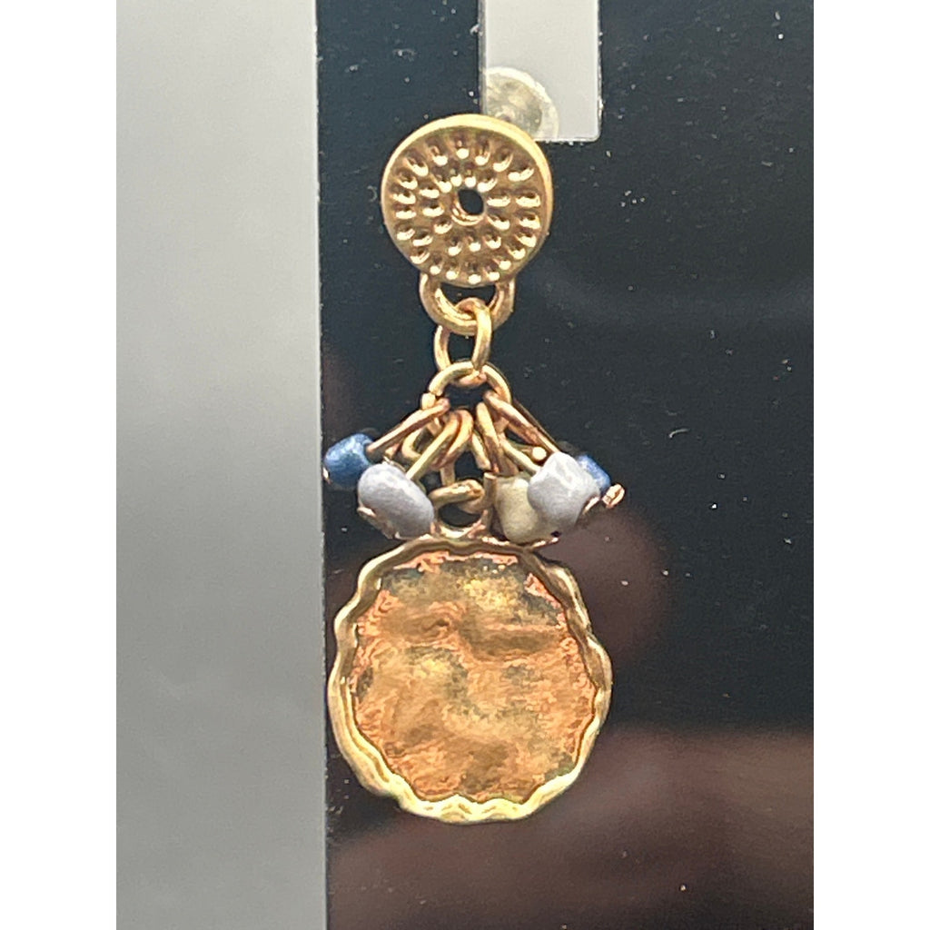 Vintage Gold Tone Hammered Coin Drop Earrings Blue Gray Bead Cluster