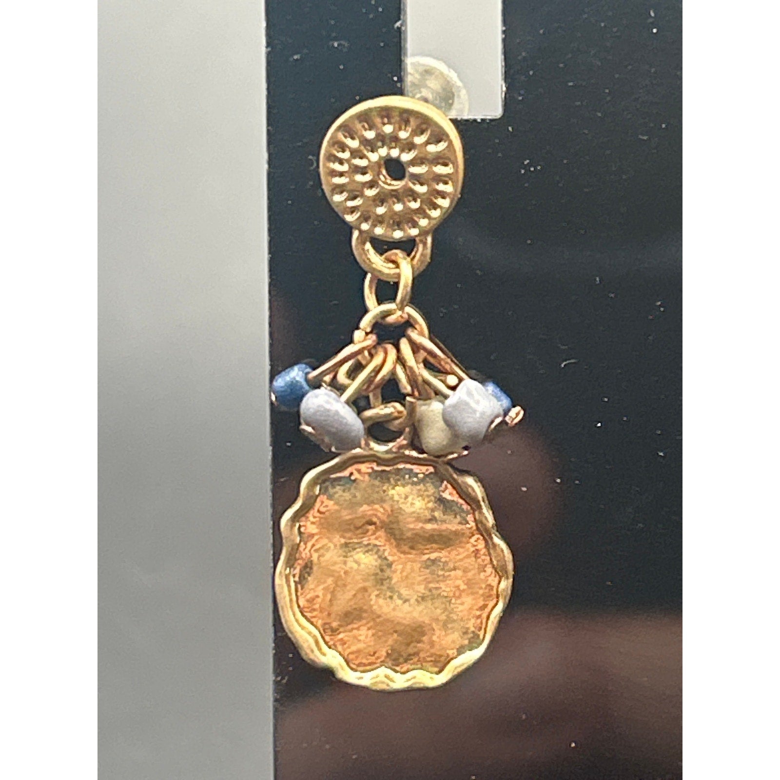 Vintage Gold Tone Hammered Coin Drop Earrings Blue Gray Bead Cluster