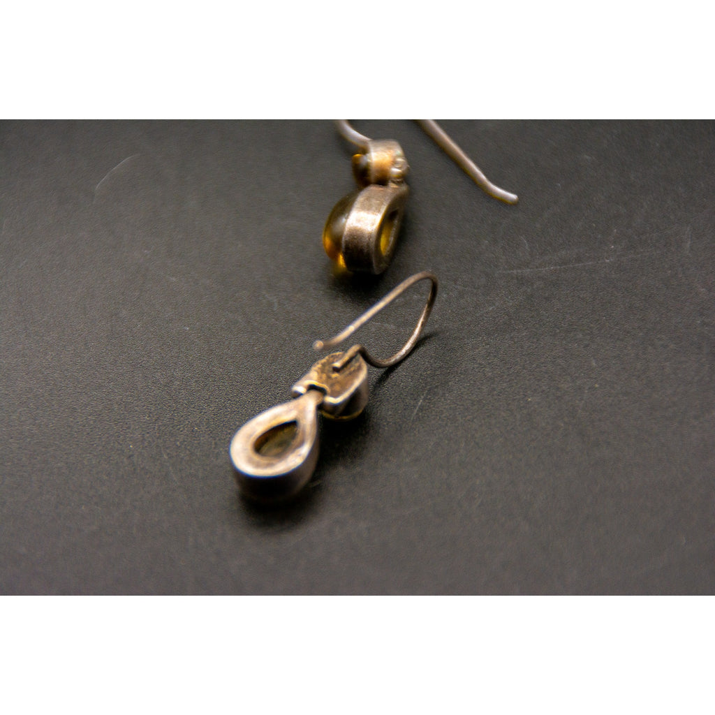 Vtg 925 Sterling Silver Citrine Cabochon Hinge Teardrop Dangle Hook Earrings