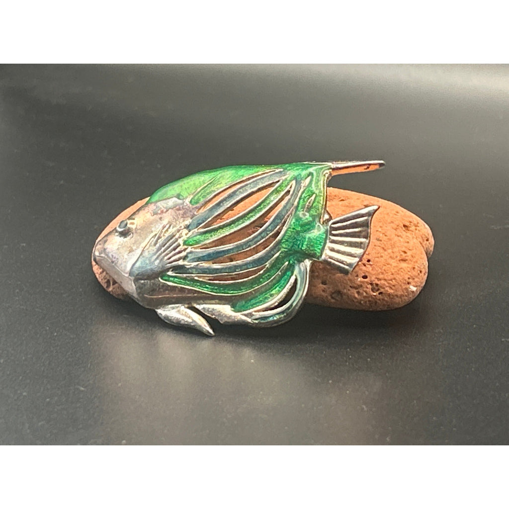 Vintage Gold Tone Green Enamel Tropical Fish Brooch Red Rhinestone Eye 2.5x1.5"