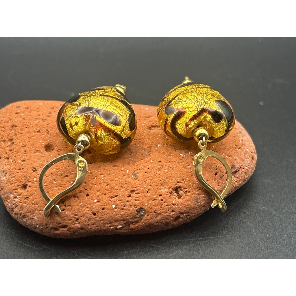 Handmade Glass Animal Print Heart Dangle Earrings Gold Tone Drop