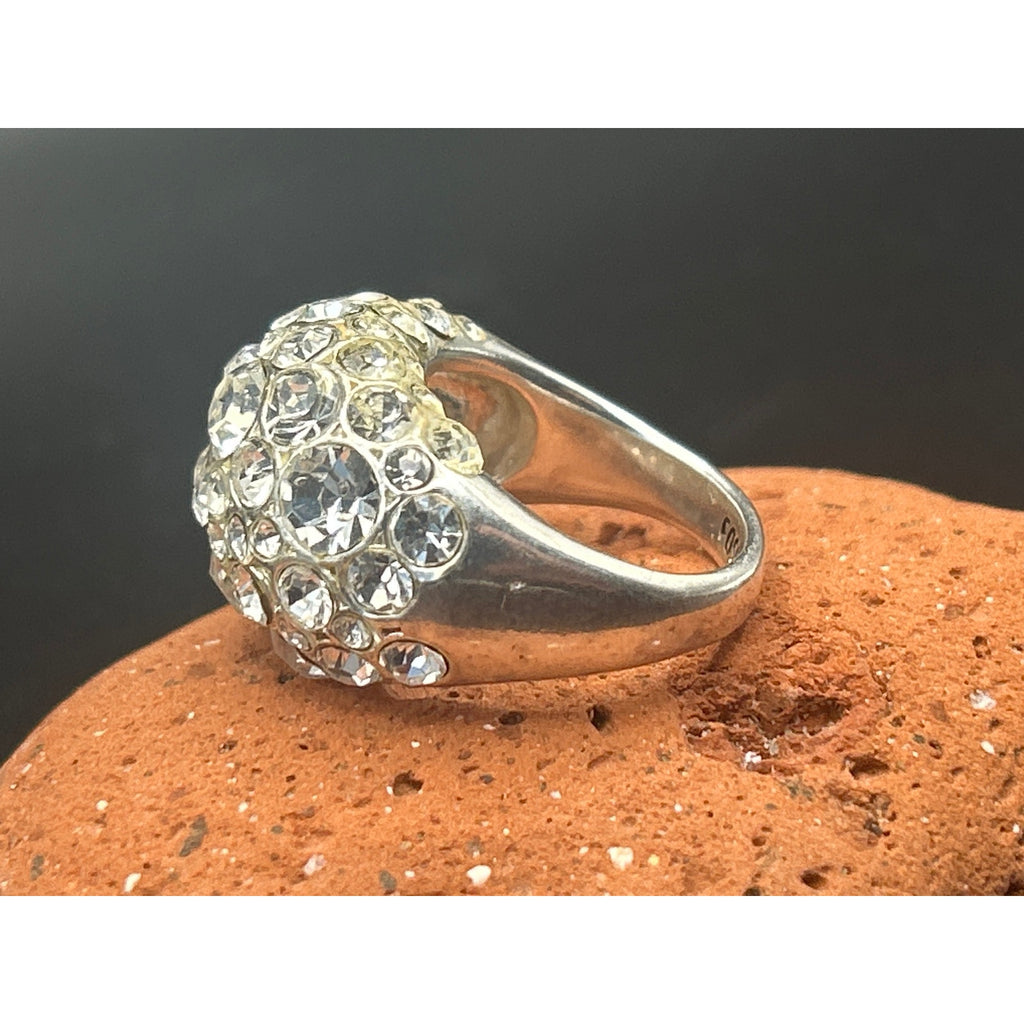 Vintage Fossil Rhinestone Statement Ring Size 7 Silver Tone Pave Dome Y2K 2000s