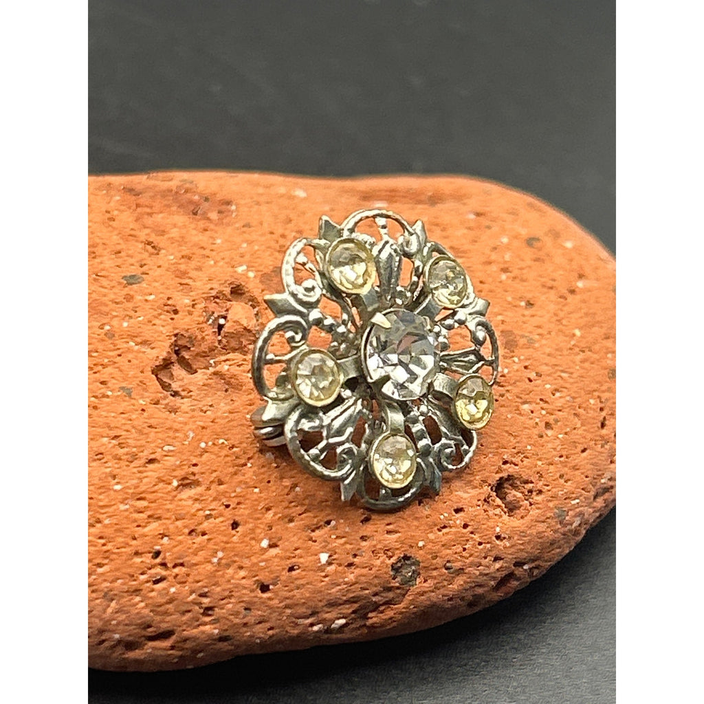 Vintage Mid Century Silver Tone AB Rhinestone Flower Brooch | 1960s Aurora Pin