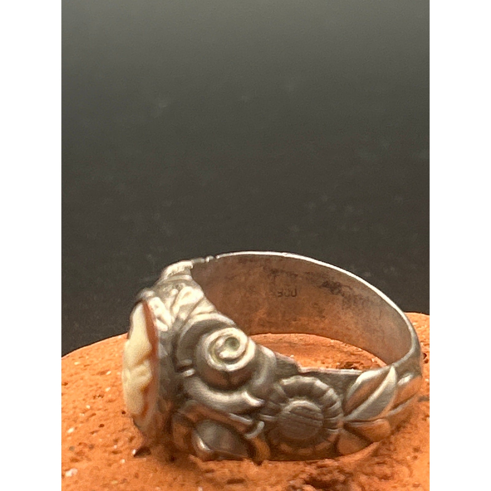 Antique 1920s Carved Shell Cameo Ring 900 Silver Greek Style Profile Size 10.5