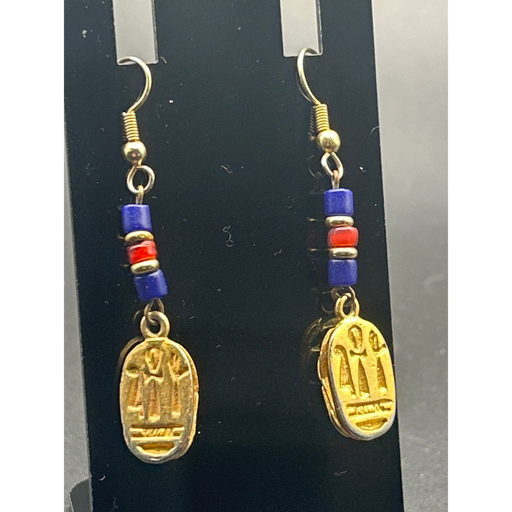 Vintage Egyptian Revival Scarab Earrings | Gold Tone Blue Red Bead Drop