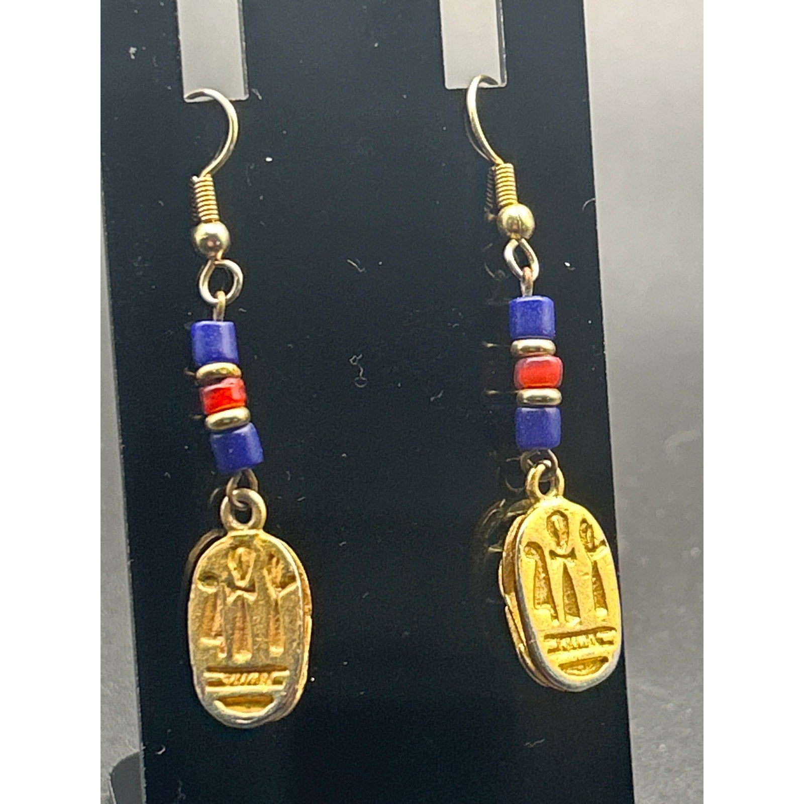 Vintage Egyptian Revival Scarab Earrings | Gold Tone Blue Red Bead Drop