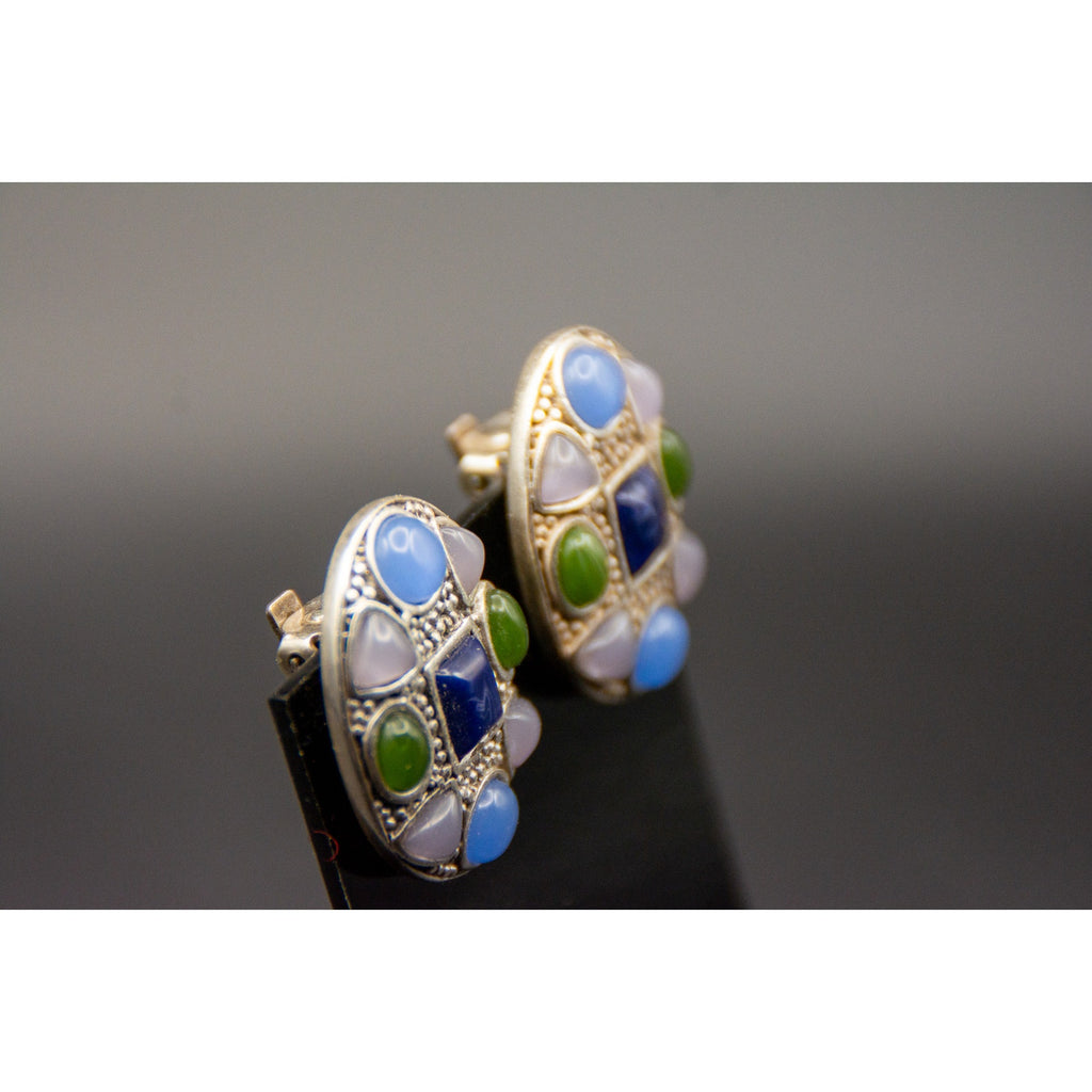Vintage Chicos Mosaic Clip-On Earrings Faux Lapis Blue Green Glass 90s