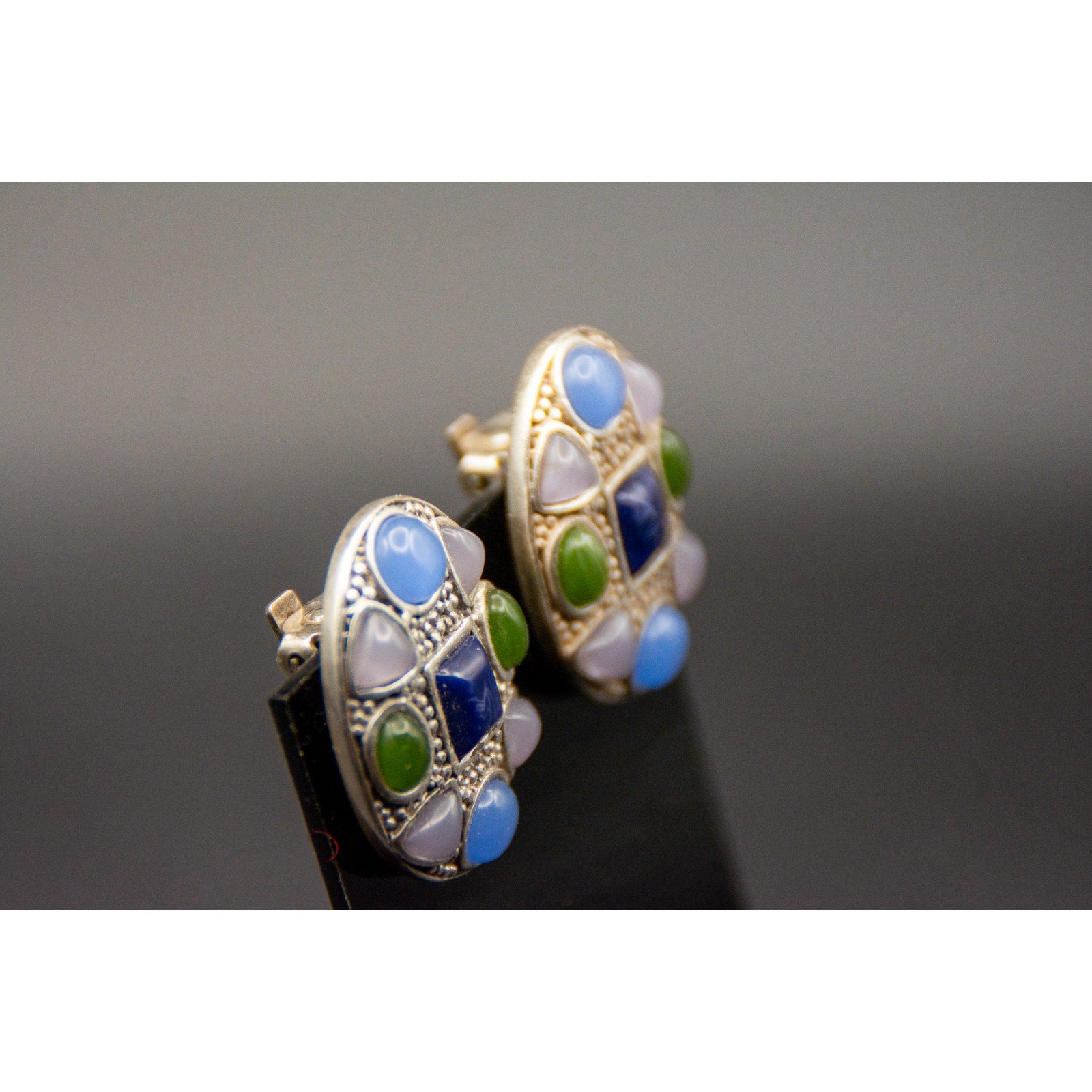 Vintage Chicos Mosaic Clip-On Earrings Faux Lapis Blue Green Glass 90s