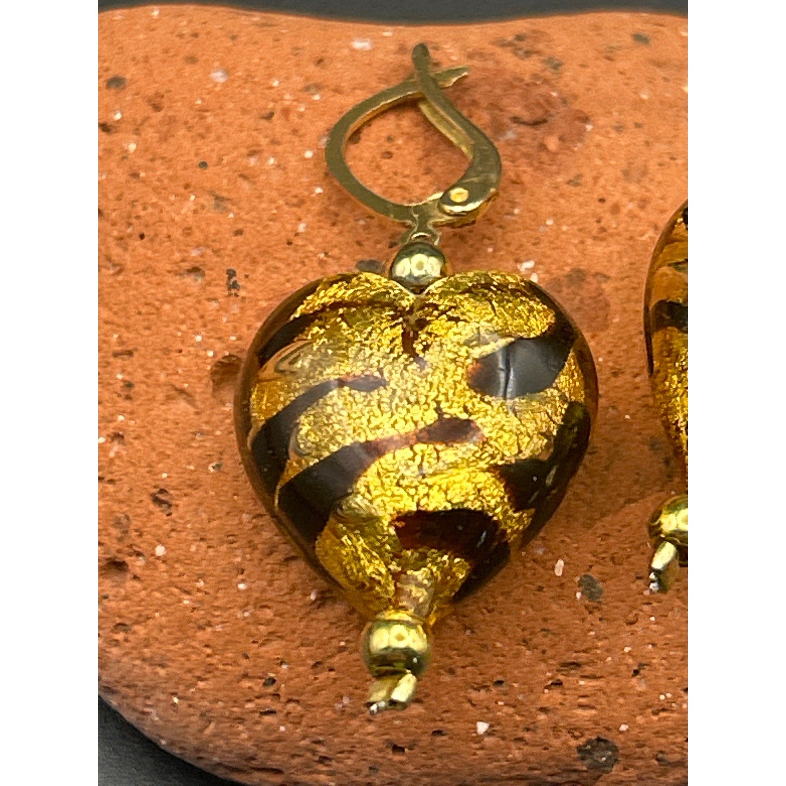 Handmade Glass Animal Print Heart Dangle Earrings Gold Tone Drop