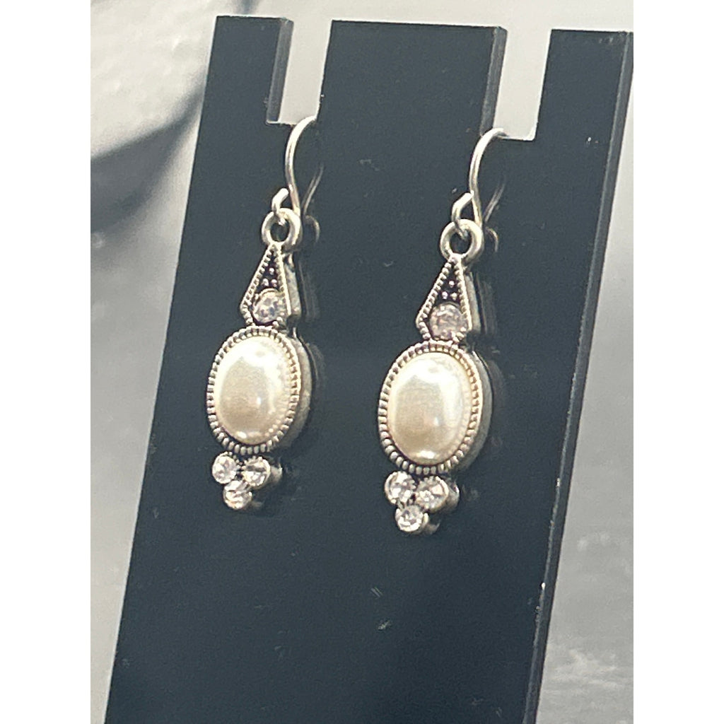 Vintage Silver Tone Faux Pearl Drop Dangle Earrings Pierced Statement Drops