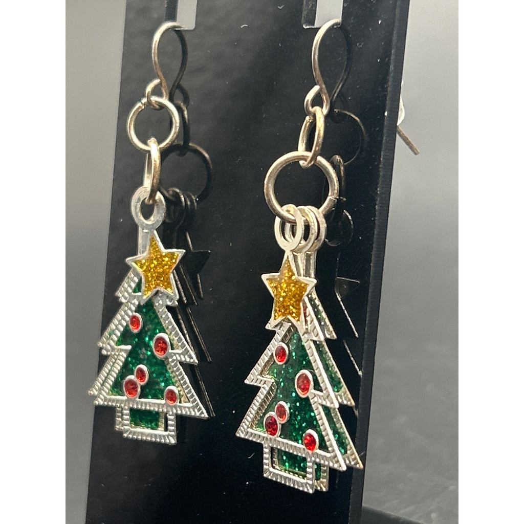 Christmas Tree Enamel Silver Tone Triple Layer Dangle Earrings Holiday Xmas