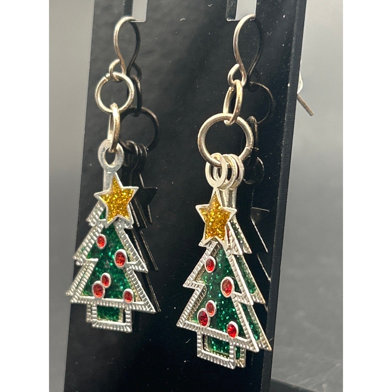 Christmas Tree Enamel Silver Tone Triple Layer Dangle Earrings Holiday Xmas