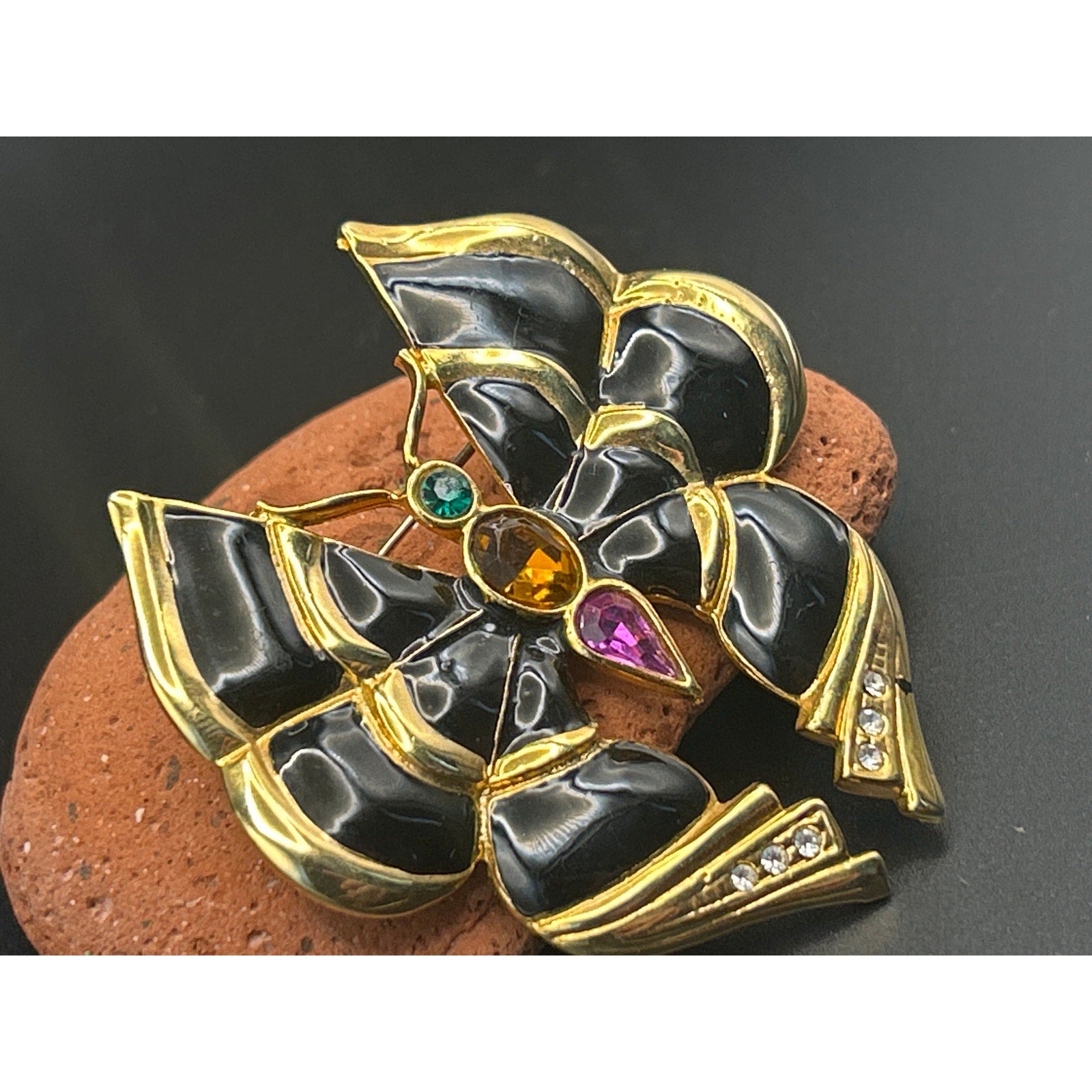 Vintage 80s Gold Tone Black Enamel Butterfly Brooch Colorful Rhinestones 2.25"
