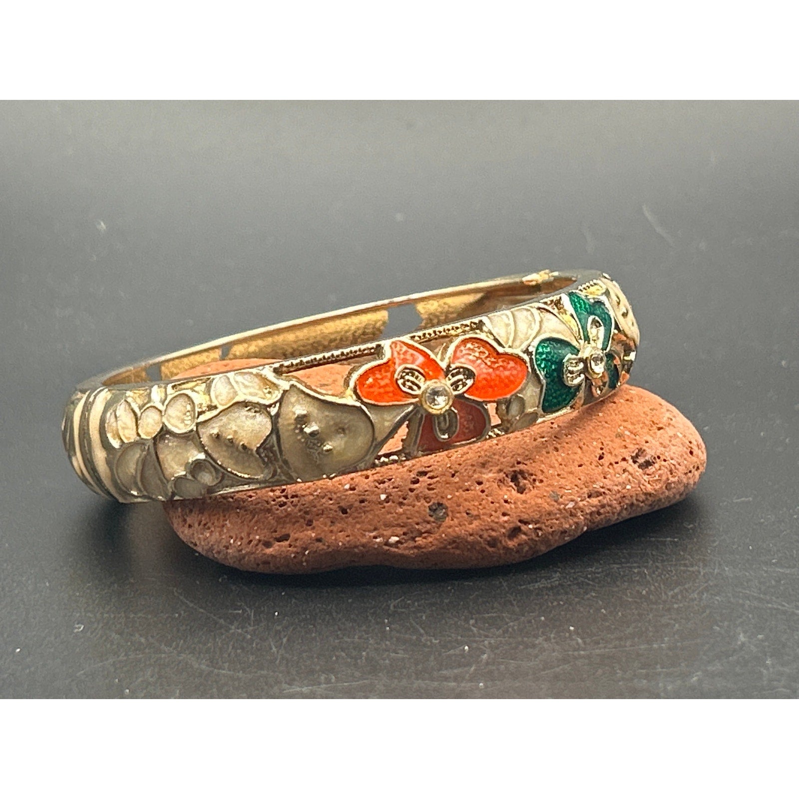 Vintage Floral Enamel Hinged Clamper Bangle Bracelet | Gold Tone Orange Green