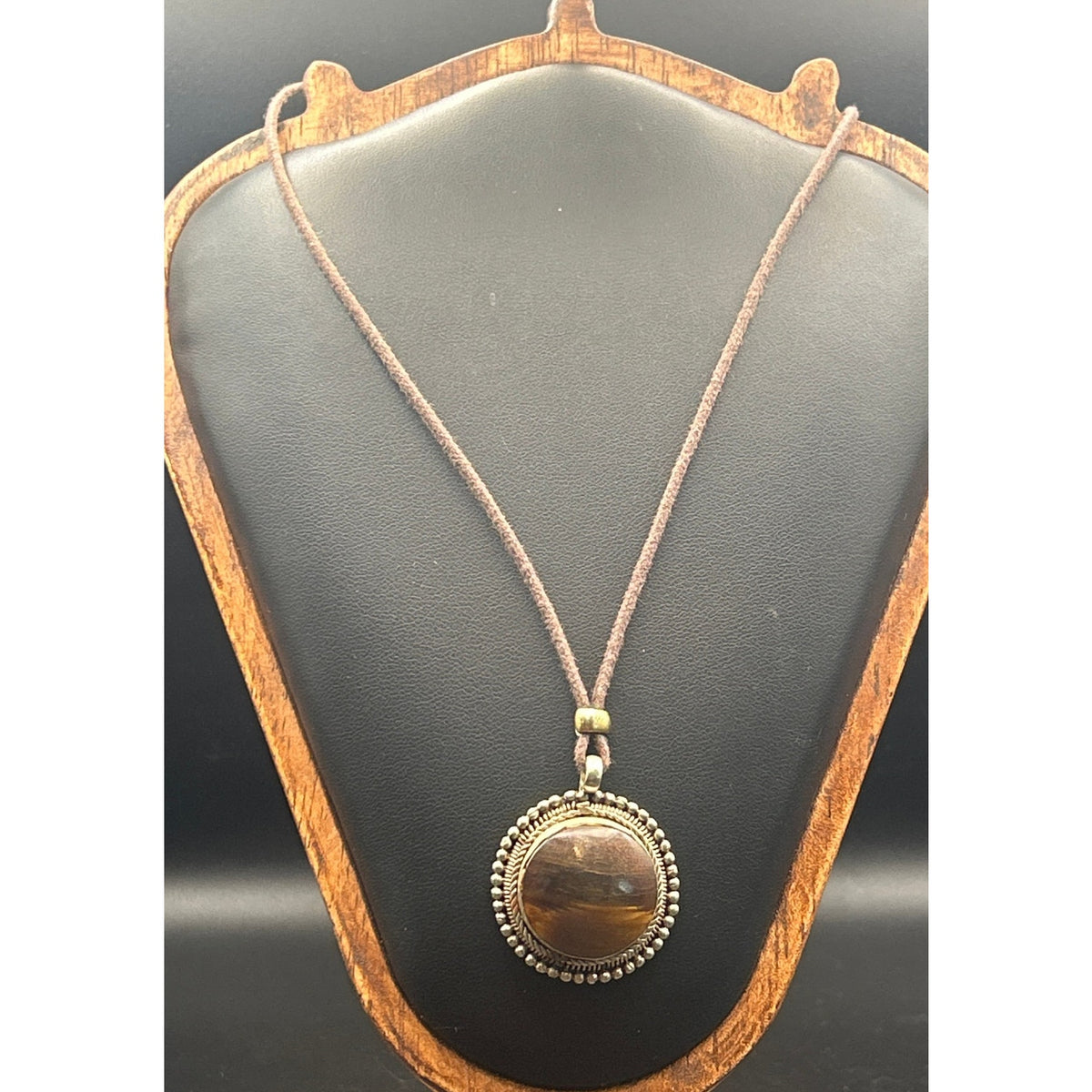 Vintage Handcrafted Tigers Eye Pendant Necklace Leather Cord Brass Bezel 16"