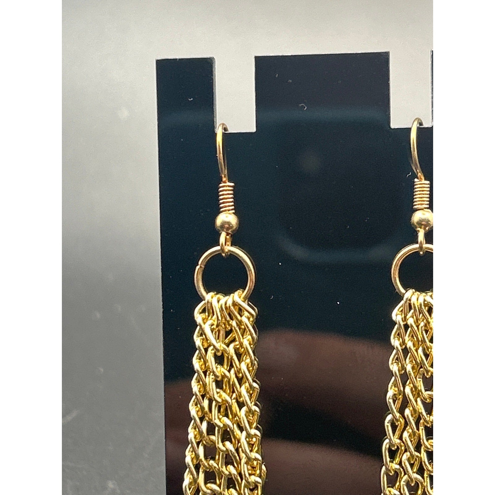 Vintage Gold Tone Multi Strand Fringe Chain Tassel Dangle Earrings