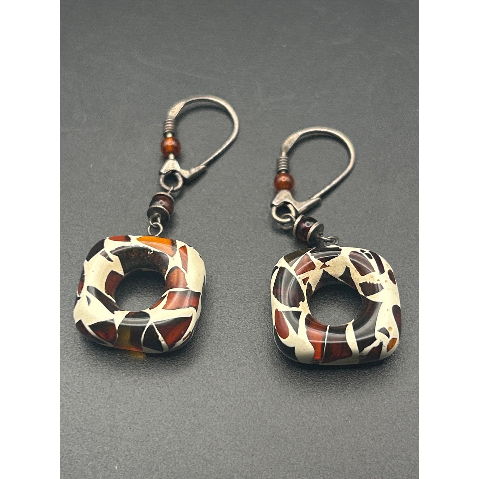 Vintage Modernist Resin Swirl Drop Dangle Earrings Amber Accent