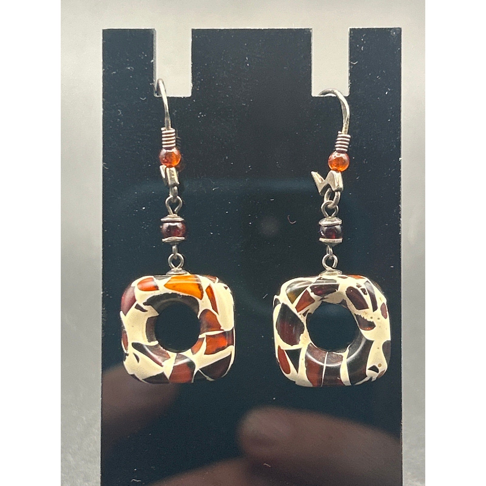 Vintage Modernist Resin Swirl Drop Dangle Earrings Amber Accent