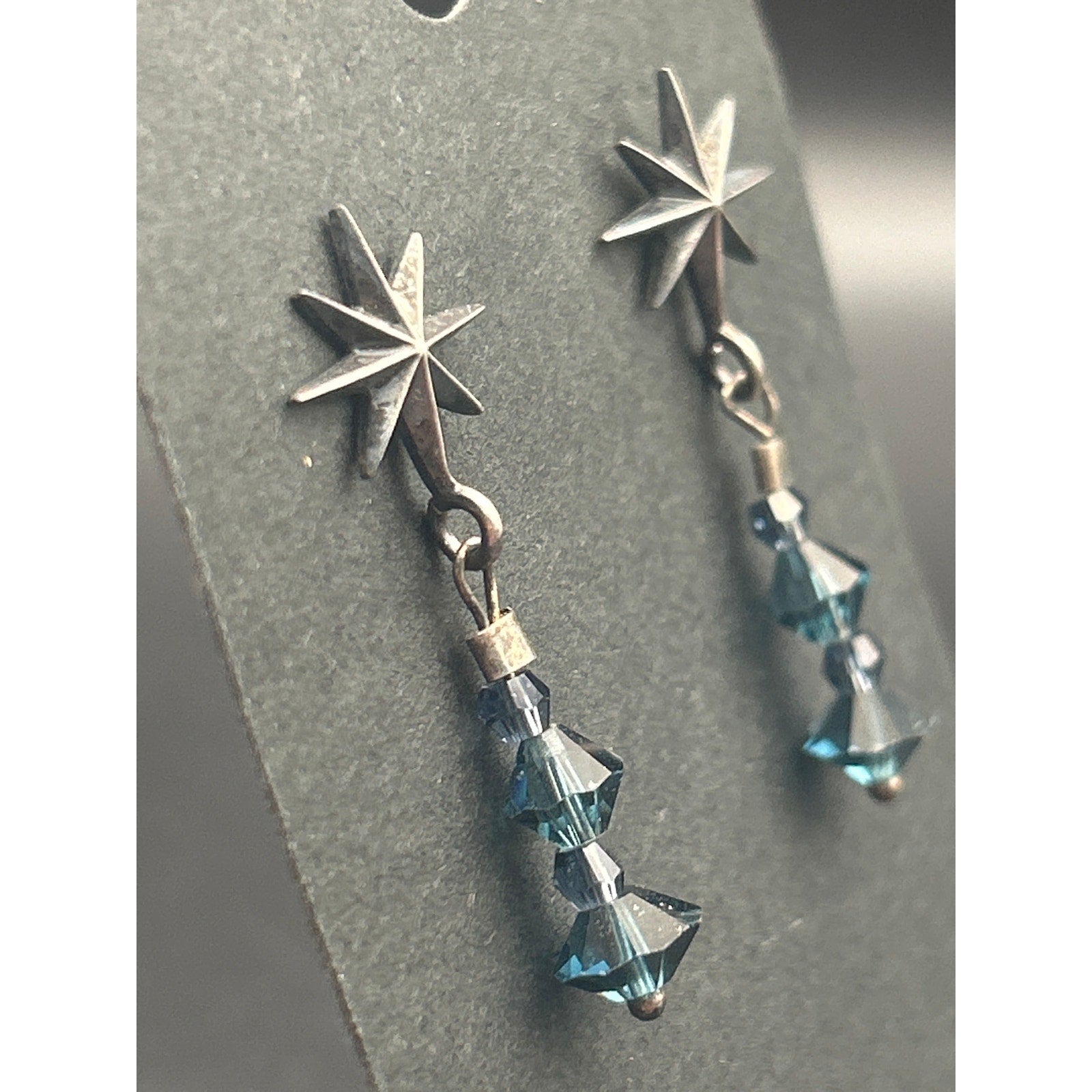 Vintage Sterling Silver 925 North Star Blue Crystal Dangle Drop Post Earrings