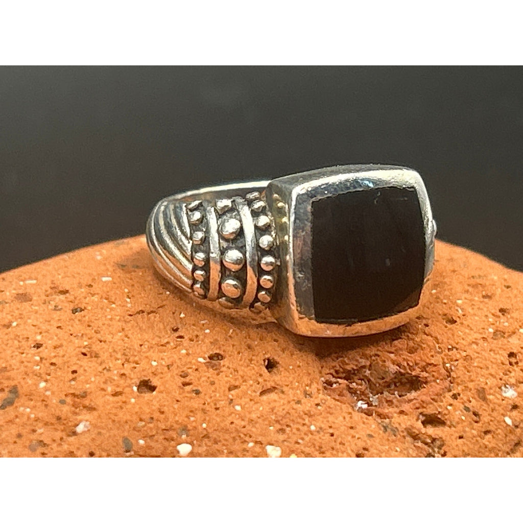 Vintage 90s Sterling Silver Black Onyx Statement Ring Size 7 Thailand 925 Ribbon