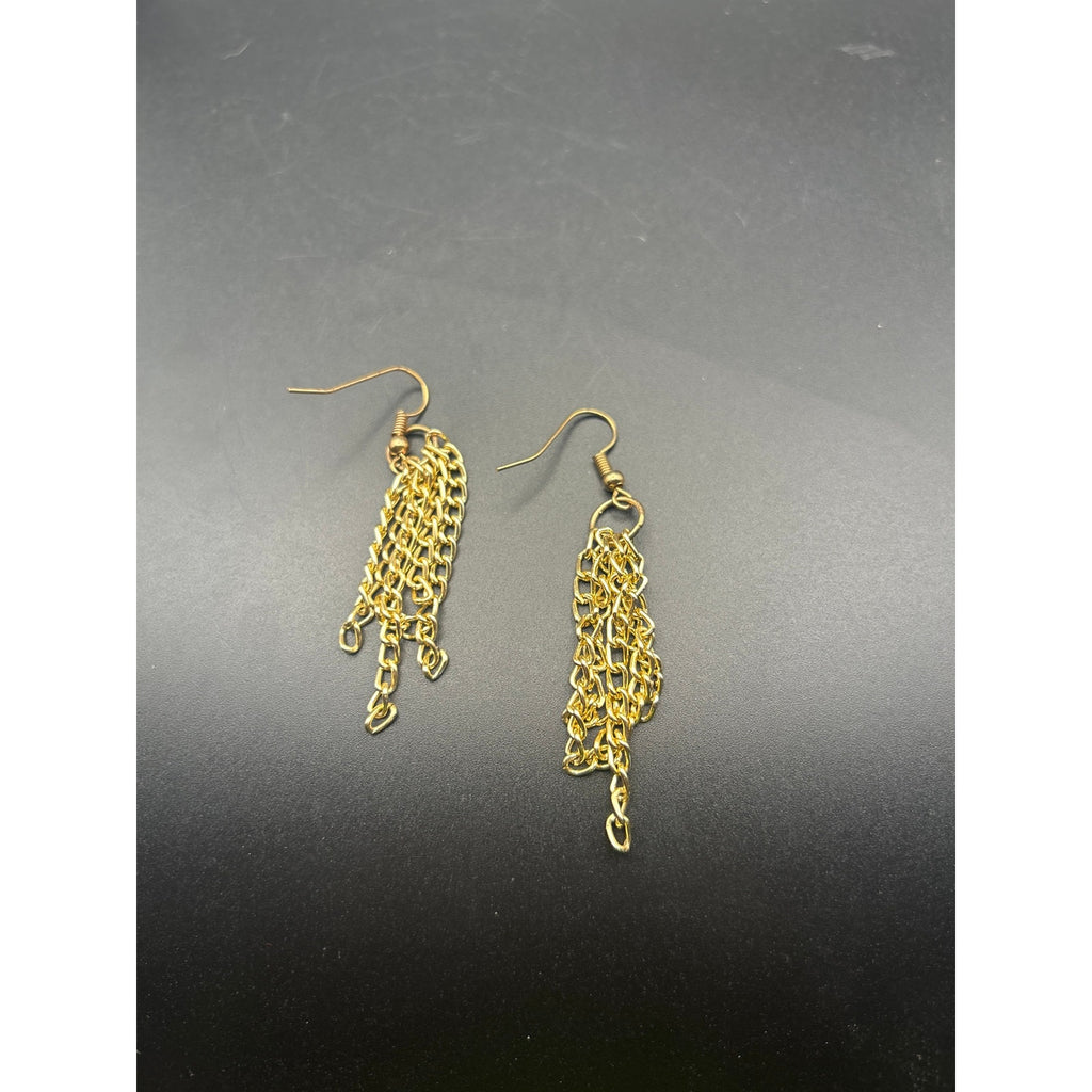 Vintage Gold Tone Multi Strand Fringe Chain Tassel Dangle Earrings