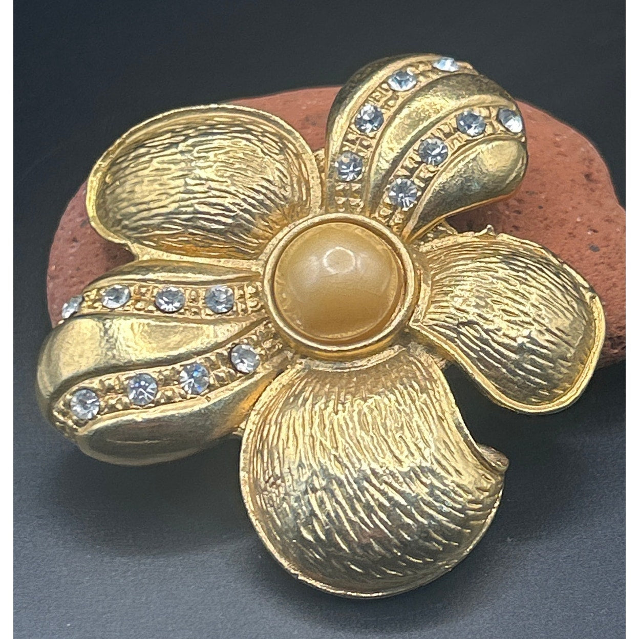 Vintage 80s Gold Tone Flower Brooch Faux Pearl Rhinestone Floral Pin 2.5 x 2.5"