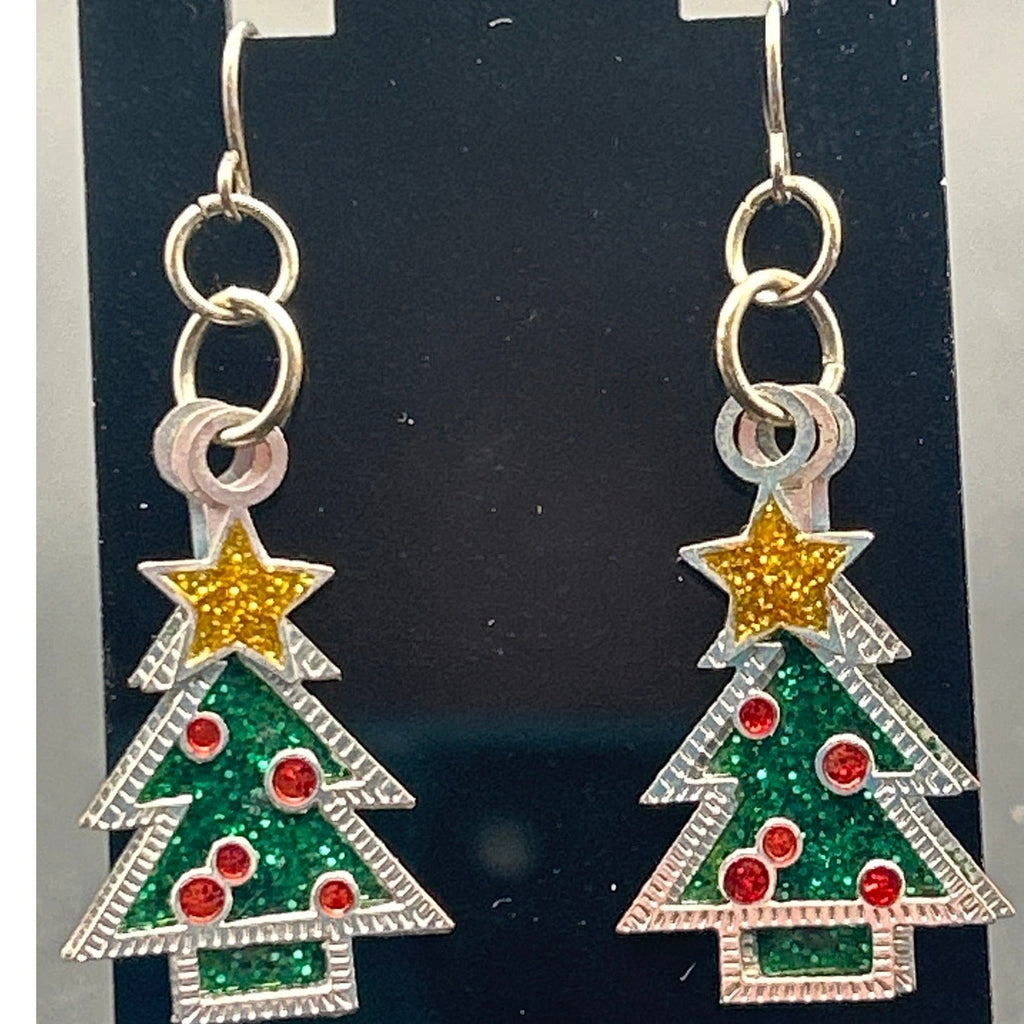 Christmas Tree Enamel Silver Tone Triple Layer Dangle Earrings Holiday Xmas