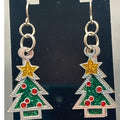 Christmas Tree Enamel Silver Tone Triple Layer Dangle Earrings Holiday Xmas
