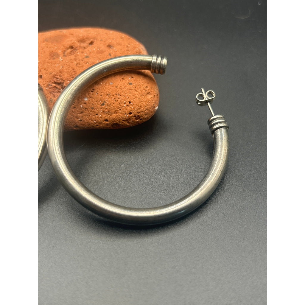 Vintage Silver Tone Wire Wrapped Cuffed Open Hoop Earrings 2 Inch