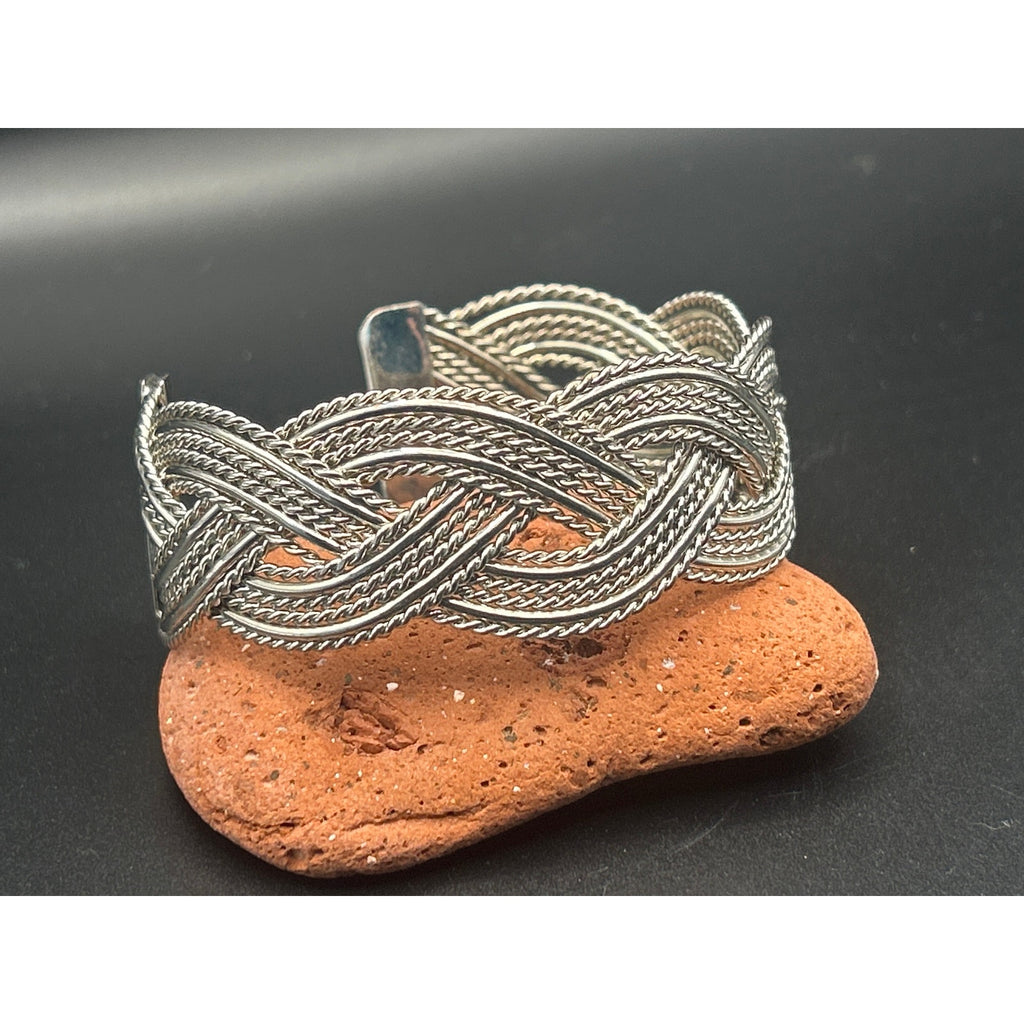 Vintage Silver Tone Braided Wire Cuff Bracelet Mixed Texture Open Bangle Adjust