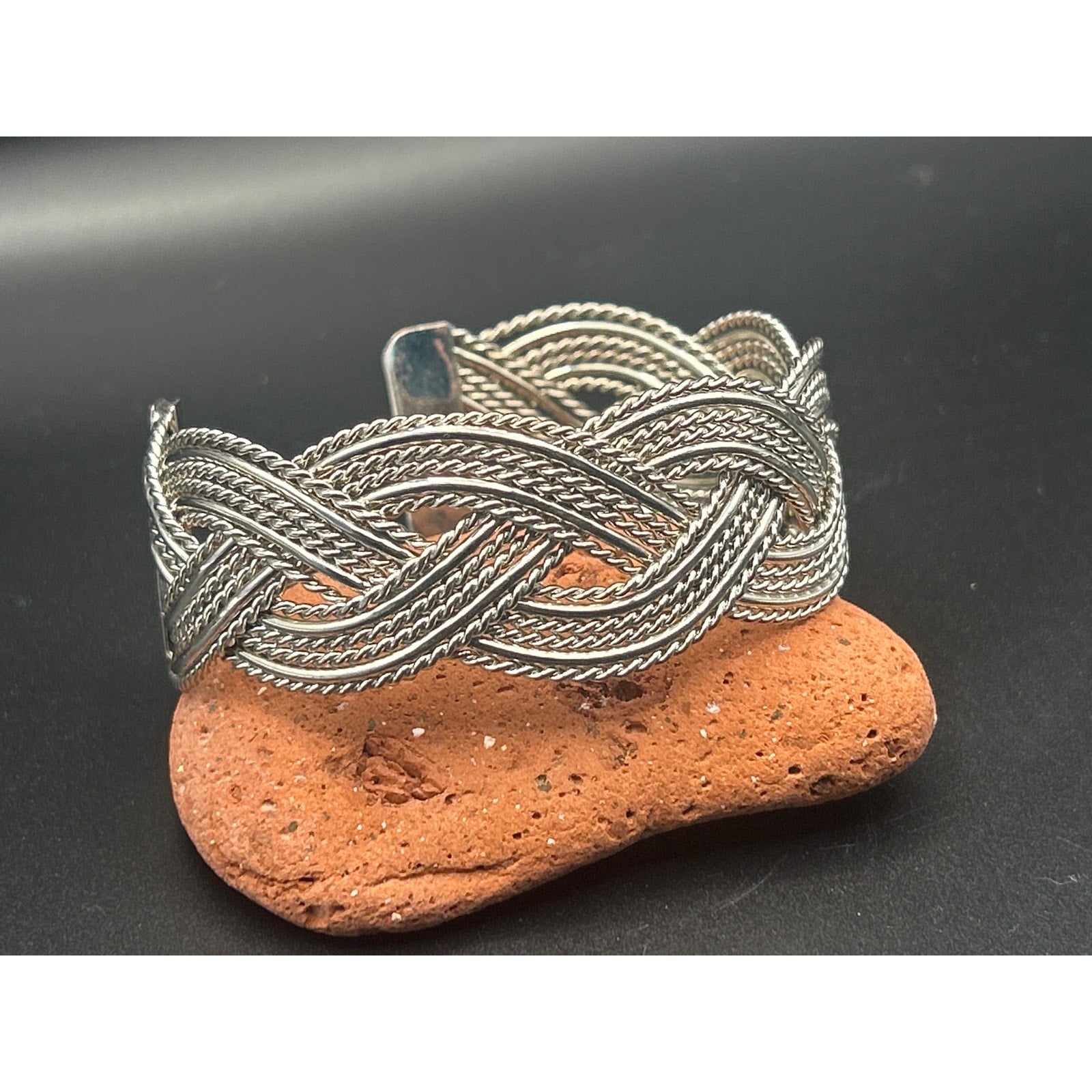 Vintage Silver Tone Braided Wire Cuff Bracelet Mixed Texture Open Bangle Adjust
