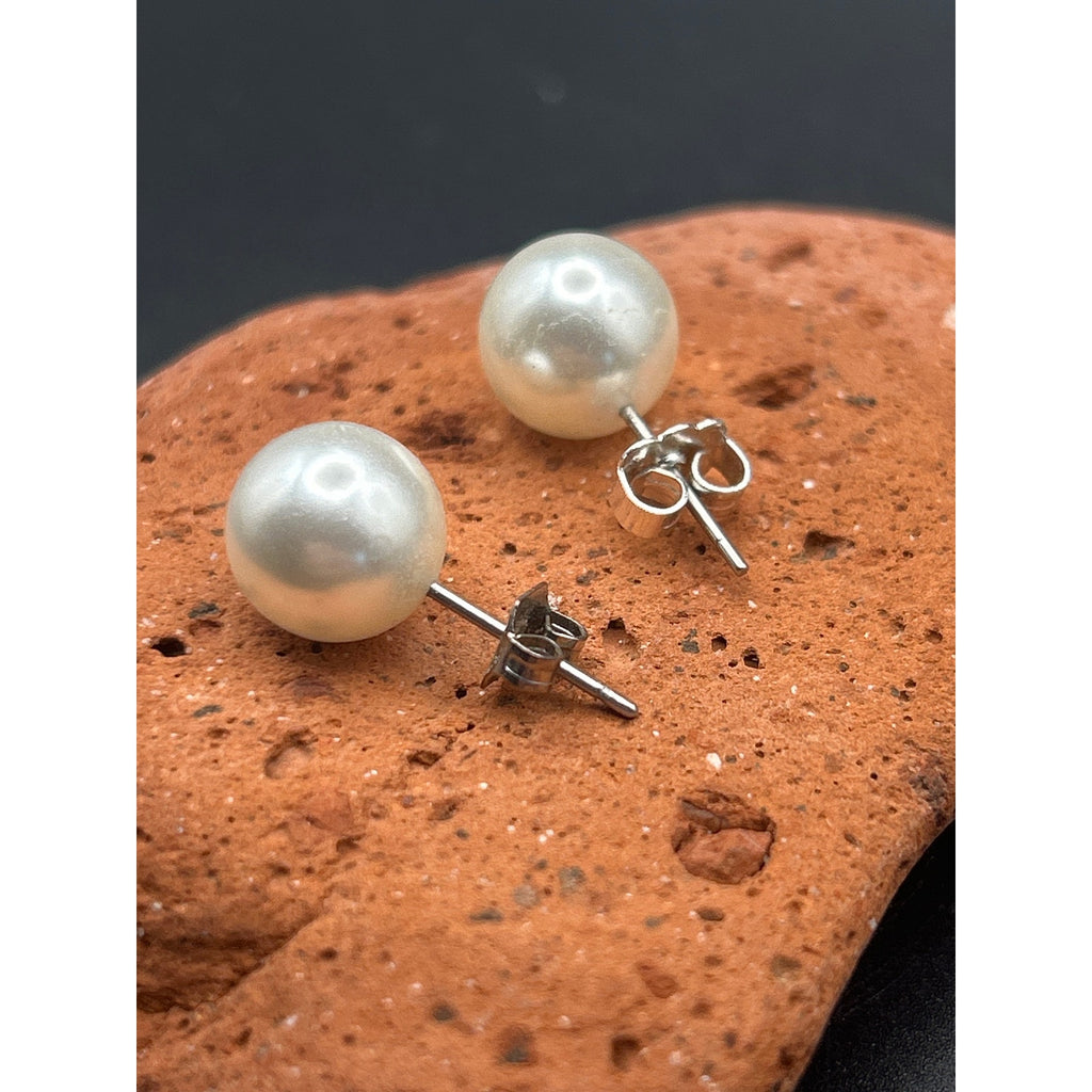 Vintage Faux Pearl Stud Earrings 8mm White Pearl Silver Tone Posts Classic