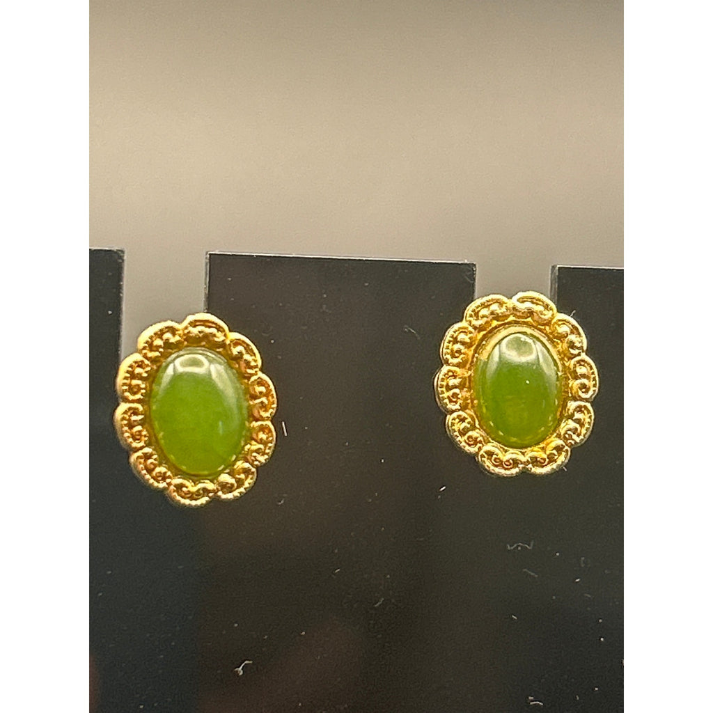 Vintage Faux Jade Cabochon Stud Earrings | Gold Tone Scalloped Floral