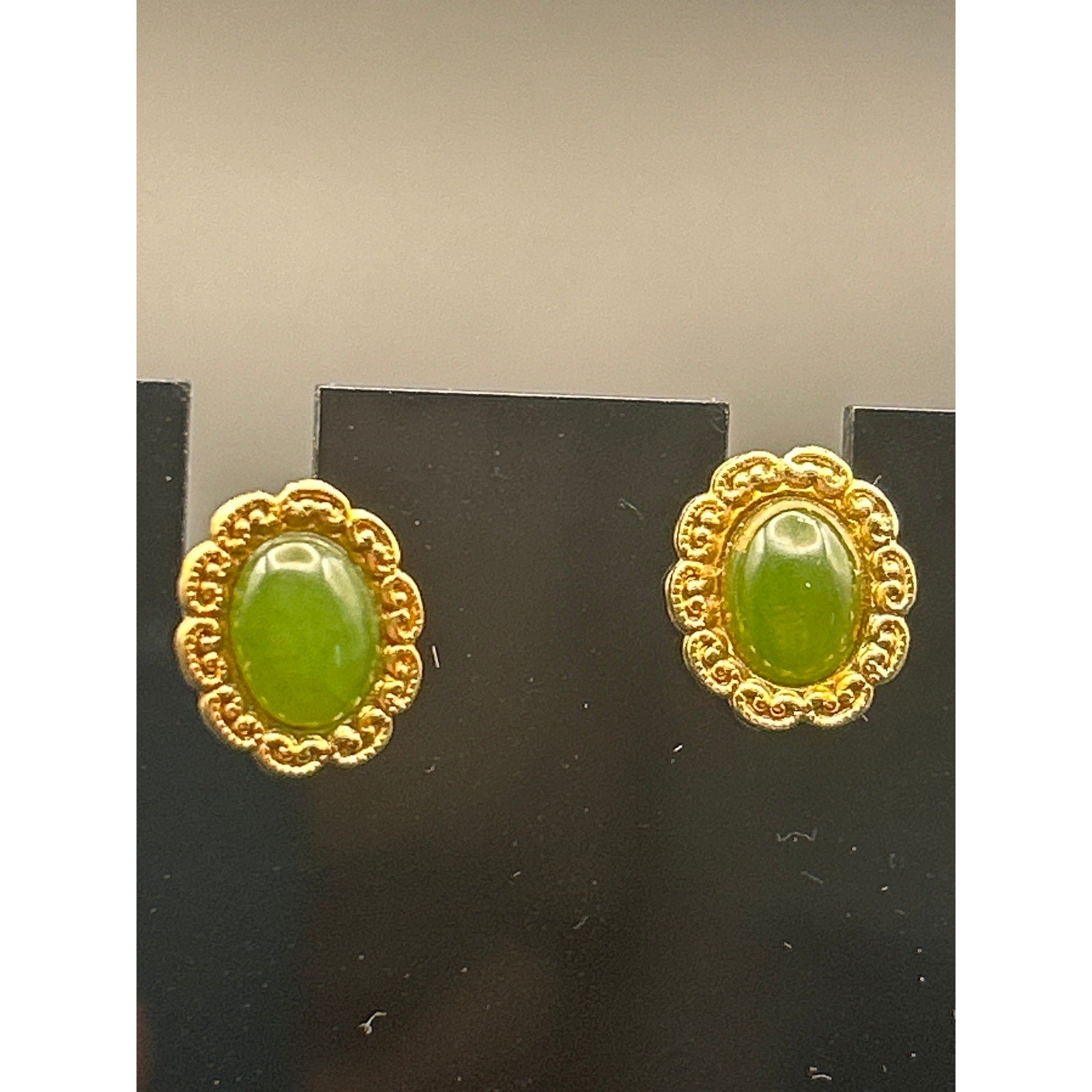 Vintage Faux Jade Cabochon Stud Earrings | Gold Tone Scalloped Floral