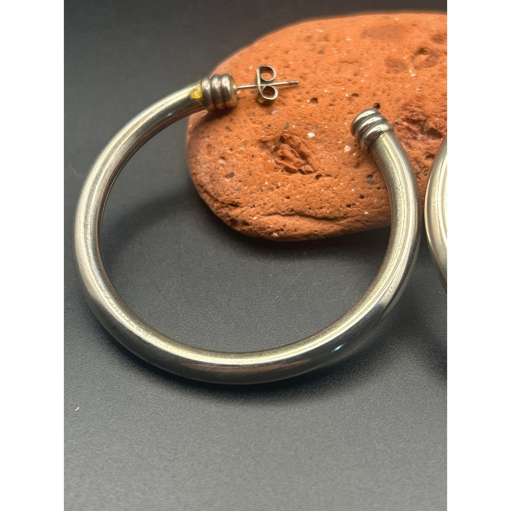 Vintage Silver Tone Wire Wrapped Cuffed Open Hoop Earrings 2 Inch